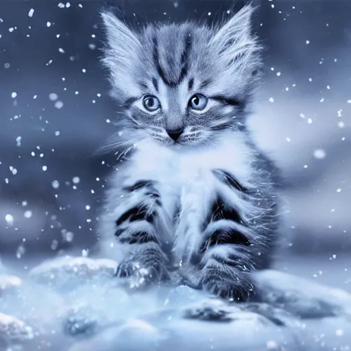 Prompt: Kitten realistic 4k HD fantasy world water trees mountains ice snow fog