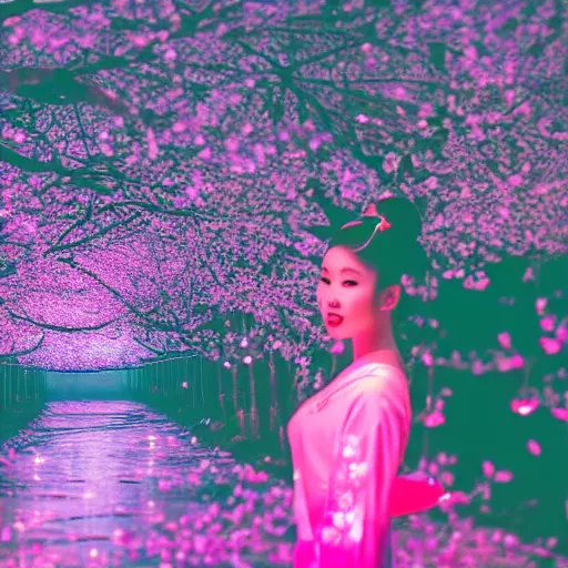 Image similar to beautiful full body portrait geisha walking on a trail through a forest of glowing cherry blossom trees with stream , beautiful face smiling, with cherry blossom in hand, ultra detail photo realistic cinematic neon lighting 4k shoot on Polaroid in 1977