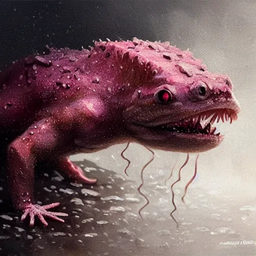 Prompt: highly detailed shocked Axolotl hit by lightning from the sky in a small puddle, thunder, dramatic, dark, fantasy, digital art, hyperrealistic, Greg Rutkowski, Trending on Artstation, highly detailed