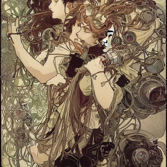 Image similar to alphonse mucha yoji shinkawa moebius jean girard shintaro kago junji ito esoteric hypnogogic ethereal ethereality dreamy combat mech dieselpunk incredible intricate machinery illusionary art and trash polka