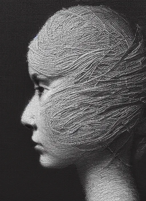 Image similar to a woman's face in profile, made of strands of yarn, in the style of the dutch masters and gregory crewdson, dark and moody