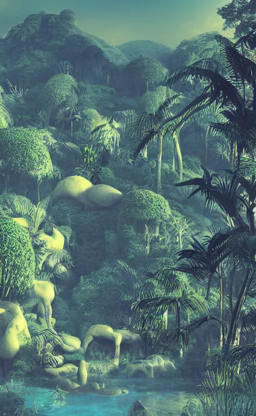 Image similar to surreal dali jungle landscape, volumetric lighting, early morning, 3d liminal grainy surreal aesthetic illustration, highly detailed, soft render