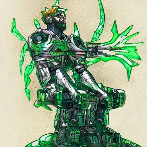 Prompt: Greek God in Mecha style, seated on a throne, high camera angle, in the graphic style of Matt Sanz and DC Comics, hyper detailed, trending on artstation, green glow