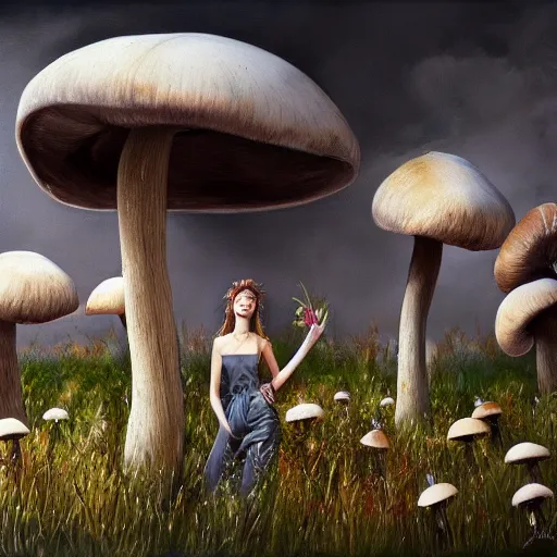 Prompt: a vogue model in a field of mushrooms, oil painting, pale colors, high detail, 8 k, wide angle, trending on artstation,