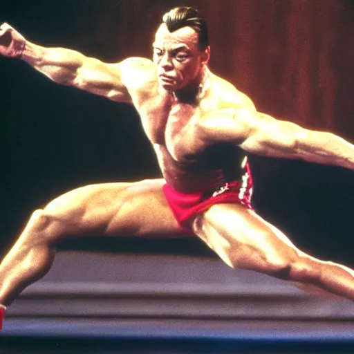 Image similar to Jean Claude Vandamme, 1992, doing the splits, dramatic lighting, award winning, octane,