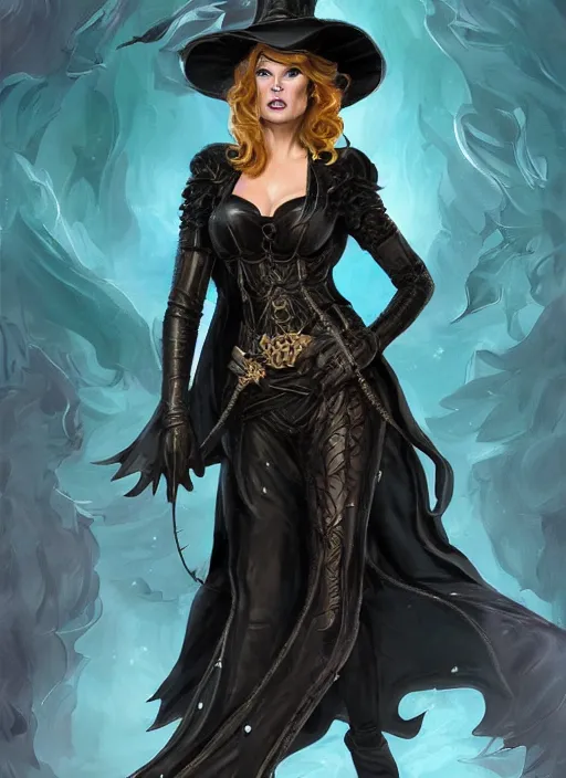 Image similar to beautiful female witch, rebecca romijn as wicked witch of the west, full body character concept, covered in full leather armor, art nouveau, super powers, fantasy, intricate, elegant, highly detailed, digital painting, artstation, concept art, shining, sharp focus, illustration, art by stanley lau