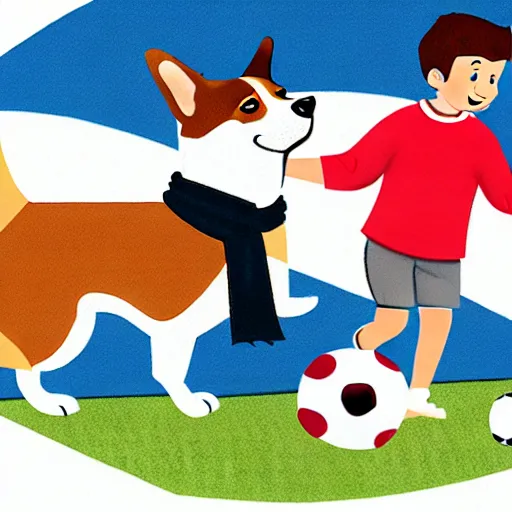 Image similar to illustration of french boy playing football with a corgi wearing a polka dot scarf in paris