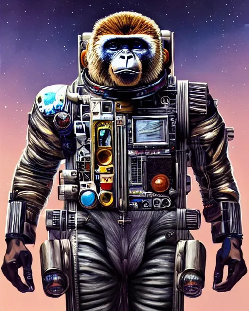 Image similar to a portrait of a muscular anthropomorphic cyberpunk howler monkey in spacesuit armor by sandra chevrier, by jon foster, detailed render, extremely hyperdetailed, tape deck, epic composition, cybernetics, 4 k realistic, cryengine, realistic shaded lighting, sharp focus, masterpiece, by enki bilal