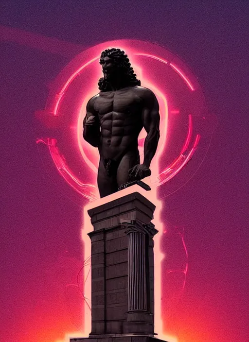 Prompt: statue of hercules, beeple, android jones, ( ( ( ( ( dan mumford ) ) ) ) ), vaporwave, retrowave, black background, neon wiring, black, glitch, strong contrast, cuts, pinterest, trending on artstation