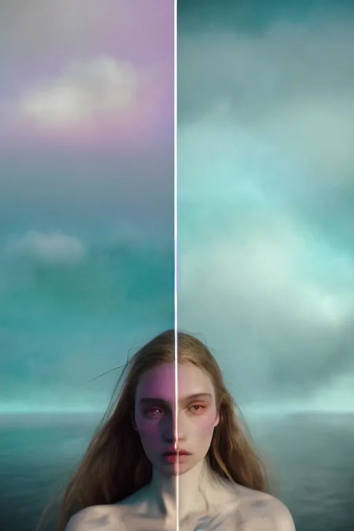 Image similar to high quality pastel coloured film close up wide angle photograph of a model wearing clothing swimming on cloud furniture in a icelandic black rock!! environment in a partially haze filled dreamstate world. three point light, rainbow. photographic production. art directed. pastel colours. volumetric clouds. pastel gradient overlay. waves glitch artefacts. extreme facial clarity. 8 k. filmic.