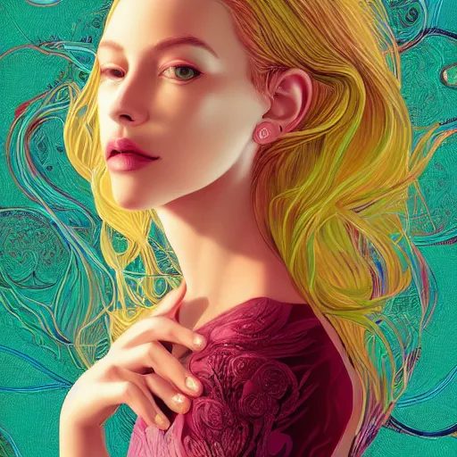 Image similar to a portrait of an incredibly beautiful, colorful, graceful, elegant, and sophisticated young blonde girl made of garlic, an ultrafine detailed illustration by james jean, intricate linework, bright colors, final fantasy, behance contest winner, vanitas, angular, altermodern, unreal engine 5 highly rendered, global illumination, radiant light, detailed and intricate environment