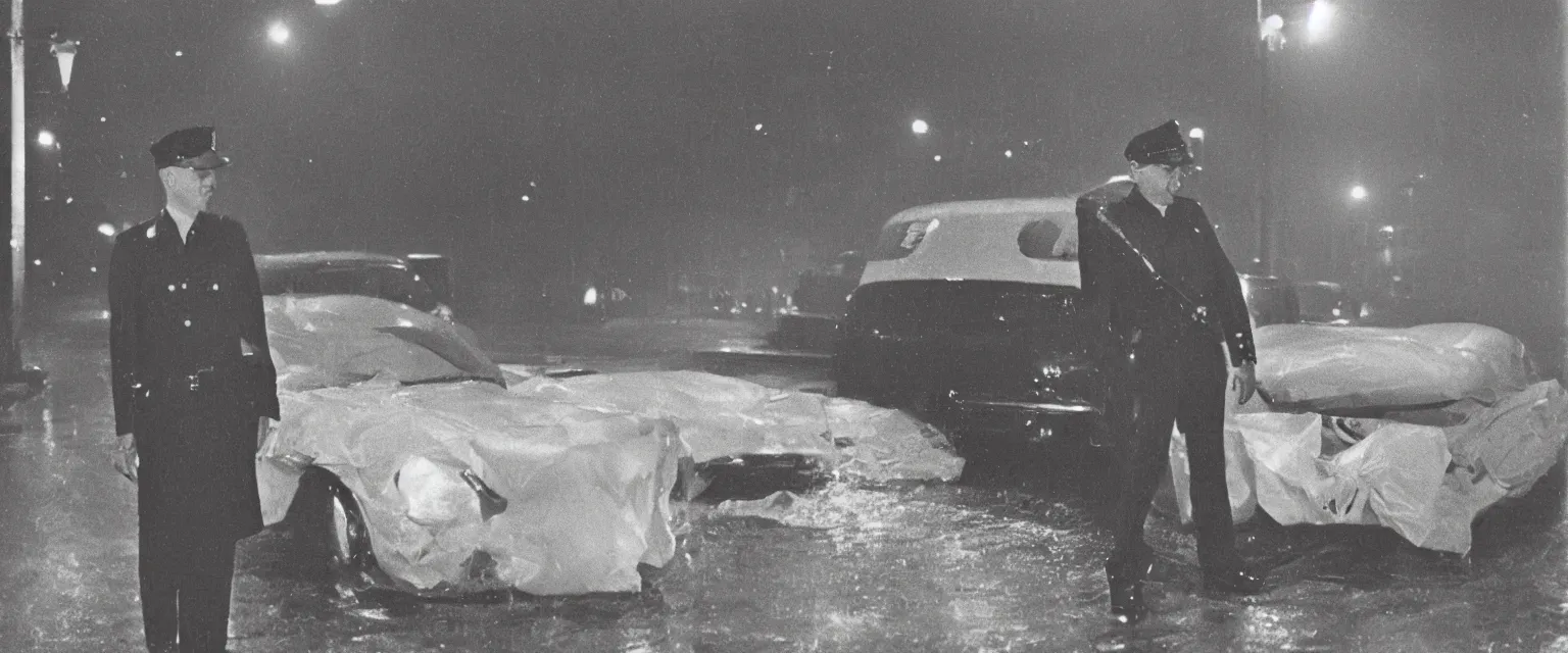 Prompt: weegee style photograph highly detailed of a a uniformed policeman circa 1 9 5 0 standing over a white body bag 1 9 5 5 police car in the rain at night lit by street lamps and headlights. behind the policeman