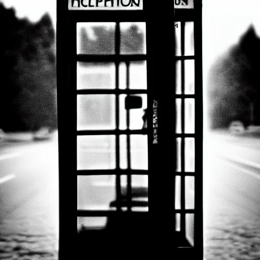 Image similar to “ grainy black and white photograph of a mysterious figure in a phone booth, vignette, film grain, foggy ”