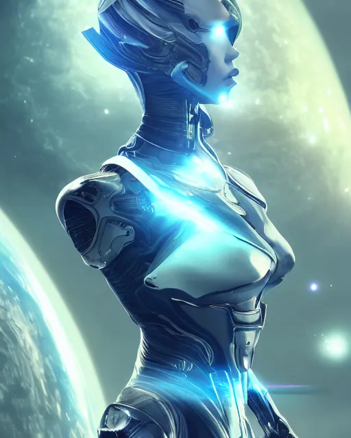 Image similar to photo of a android girl on a mothership, warframe armor, beautiful face, scifi, nebula, futuristic background, galaxy raytracing, masterpiece, ethereal, beauty, ponytail haircut, blue cyborg eyes, cosmic wind, flow state, 8 k high definition, insanely detailed, intricate, innocent, art by akihiko yoshida, antilous chao, woo kim