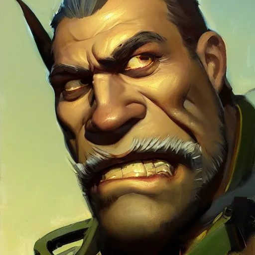 Image similar to greg manchess close - up portrait painting of a handsome older male dieselpunk orc with olive green skin as an overwatch character, medium shot, asymmetrical, profile picture, organic painting, sunny day, matte painting, bold shapes, hard edges, street art, trending on artstation, by huang guangjian and gil elvgren and sachin teng