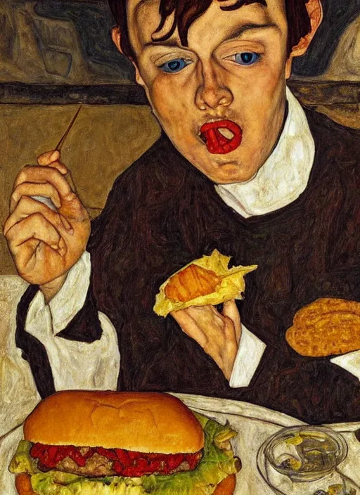 Image similar to young man eating a hamburger in the center of a dark medieval dinning room, surrounded by starving people in front of a giant painting, extremely realistic and highly detailed painting by egon schiele, soft light, gold ratio