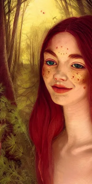 Prompt: young woman, serene smile surrounded by golden firefly lights, amidst nature fully covered by a intricate detailed dress, long loose red hair, precise linework, accurate green eyes, small nose with freckles, smooth oval shape face, empathic, expressive emotions, spiritual scene, hyper realistic ultrafine art by artemisia gentileschi, jessica rossier, boris vallejo