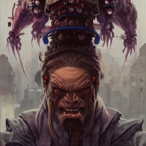 Image similar to portrait, cyberpunk japanese oni demon with hrons, stern expression, long hair, highly detailed, digital painting, artstation, concept art, smooth, sharp focus, illustration, artgerm, tomasz alen kopera, peter mohrbacher, donato giancola, joseph christian leyendecker, wlop, frank frazetta