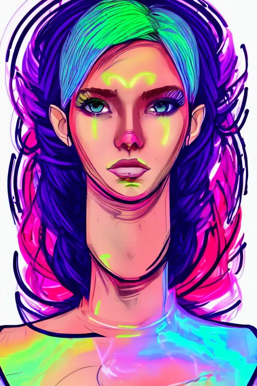 Image similar to a award winning portrait of a beautiful woman with stunning eyes in a one off shoulder croptop and cargo pants with rainbow colored hair, outlined by whirling illuminated neon lines and fine lines swirling in circles by ossdraws, digital art, trending on artstation