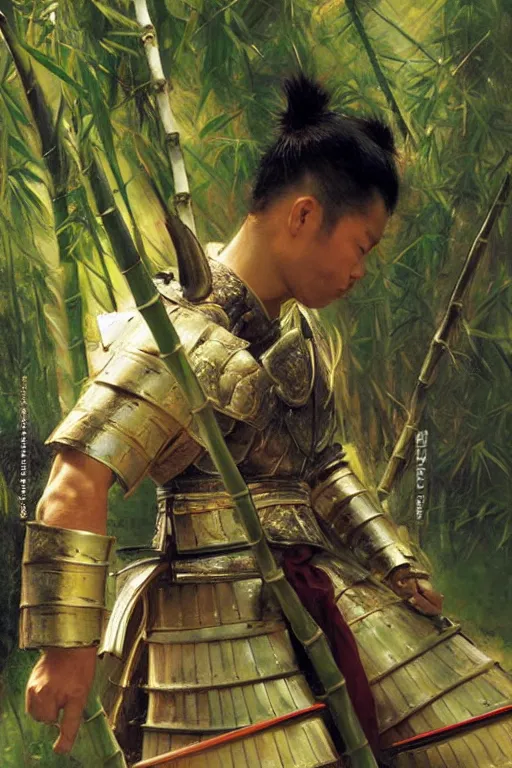 Image similar to close up of samurai warrior in full armor, in a bamboo forest, by vladimir volegov and alexander averin and delphin enjolras and daniel f. gerhartz