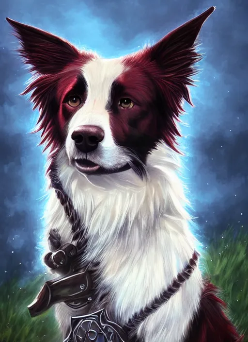 Prompt: a portrait of border collie paladin braded red hair!!! an ultrafine detailed painting, detailed painting, detailed eyes!!, final fantasy octopath traveler lovecraft ghibly