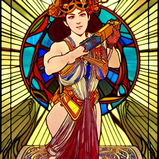 Prompt: female goddess of war holding a laser highly detailed features retrofuturistic sci - fi, anime style, high quality, transparent glass, toilet paper, portapotty, intricate, stained glass by alphonse mucha by taras shevchenko