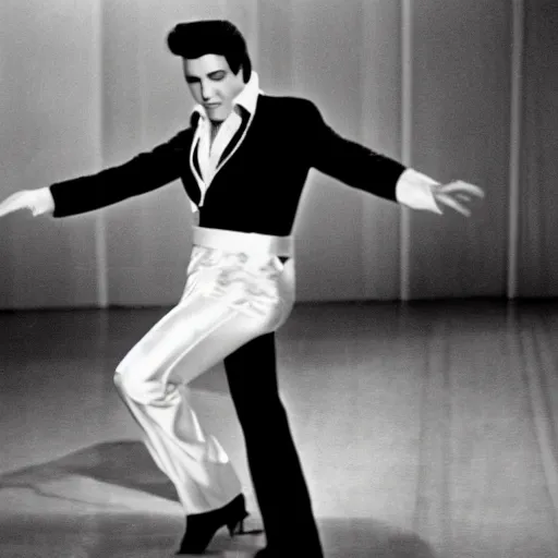 Prompt: black and white photograph of elvis dancing, in an alien spaceship