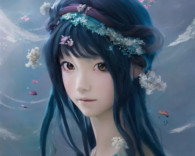 Image similar to Portrait of a beautiful young elegant ocean singer in anime style ， full of details, matte painting, concept art, smooth, by krenz cushart and wlop，Soft light atmosphere，trending on cgsociety and artstation，8kHDR，light effect，rtx on，-H 1280
