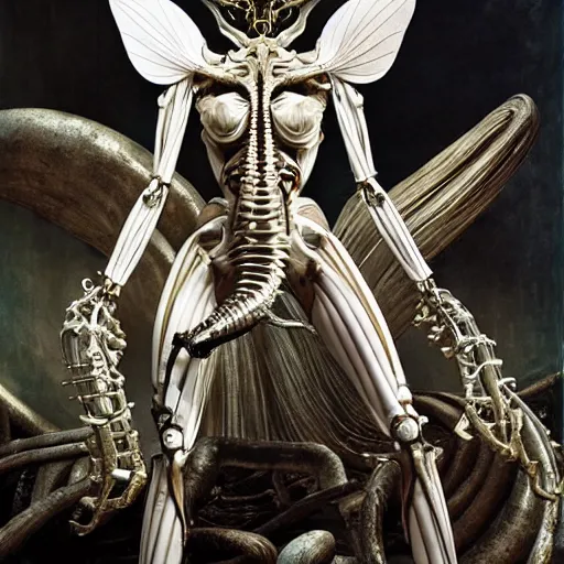 Prompt: still frame from Prometheus movie by Makoto Aida, biomechanical orchids mantis angel gynoid by giger, metal couture by neri oxmn and Guo pei, editorial by Malczewski and by Caravaggio