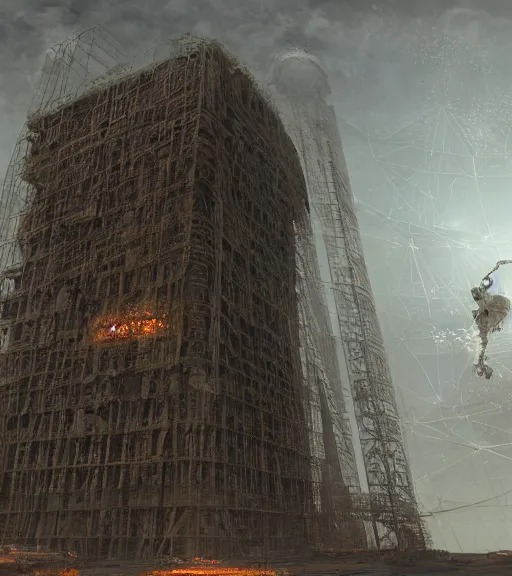 Image similar to tarkovsky greatest scene stalker movie, the ancient destroyed majestic tower of babylon, woman in a futuristic cyber clothing, transparent puffer jacket, hyperrealistic, blockchain, cyber world, ambient lighting, concept art, intricate sky, hyper - detailed, smooth, dynamic volumetric lighting, octane, ray trace, cinematic, high quality, cgsociety