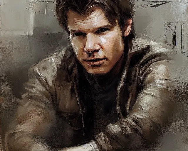 Image similar to portrait of young han solo young harrison ford in shades of grey but with brown by jeremy mann