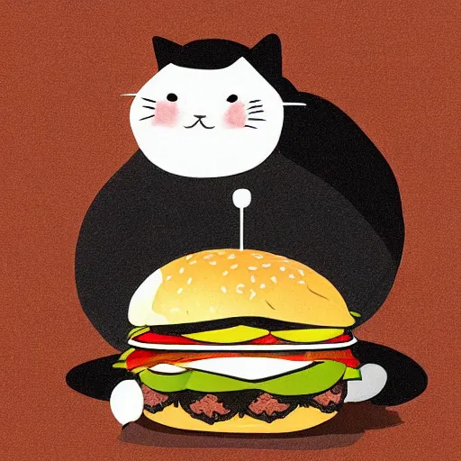 Image similar to cute fat cat eating a burger, digital art,concept art,no noise