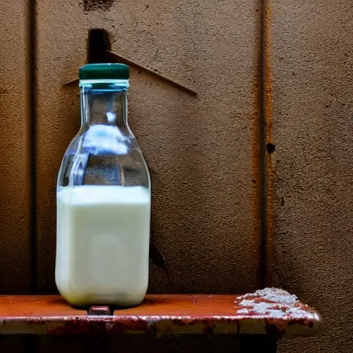 Prompt: bottle of milk, over a rusted metal table inside a jail cell in a slaughterhouse