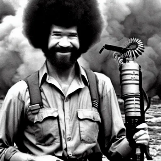 Prompt: bob ross holding a flamethrower in the vietnam war