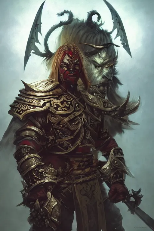 Image similar to sakimi chan, legendary warrior, heroic fighter, world of warcraft, diablo, tattoos, decorative ornaments, battle armor, by carl spitzweg, ismail inceoglu, vdragan bibin, hans thoma, greg rutkowski, alexandros pyromallis, perfect face, sharply focused, sharply detailed, centered, rule of thirds, realistic shading