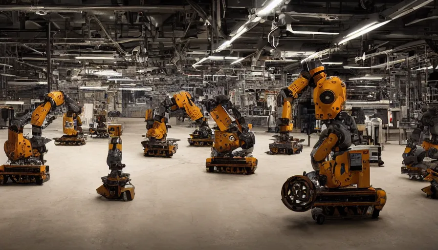 Prompt: award winning photo of robots in an art factory, dramatic lighting, 4 k