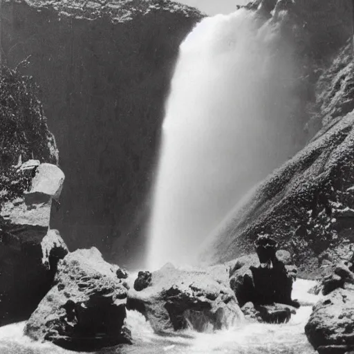 Image similar to a giant water fall in between two mountains with gigantic alien faces sculpted in each Montaigne, photoshoot, 1940's photography, old grain