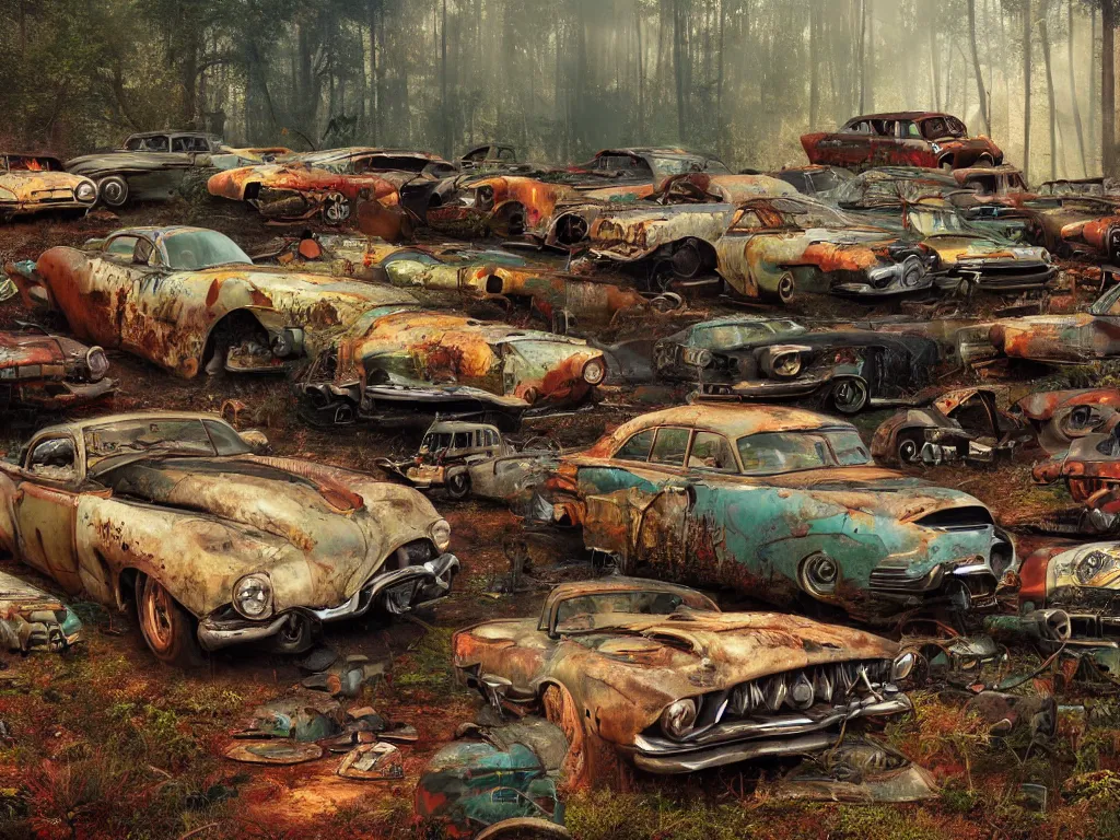 Image similar to an abandoned junkyard in a forrest full of rusty dream cars from the fifties by raymond swanland, 1 6 mm wideangle lens, volumetric lighting, octane render, artstation