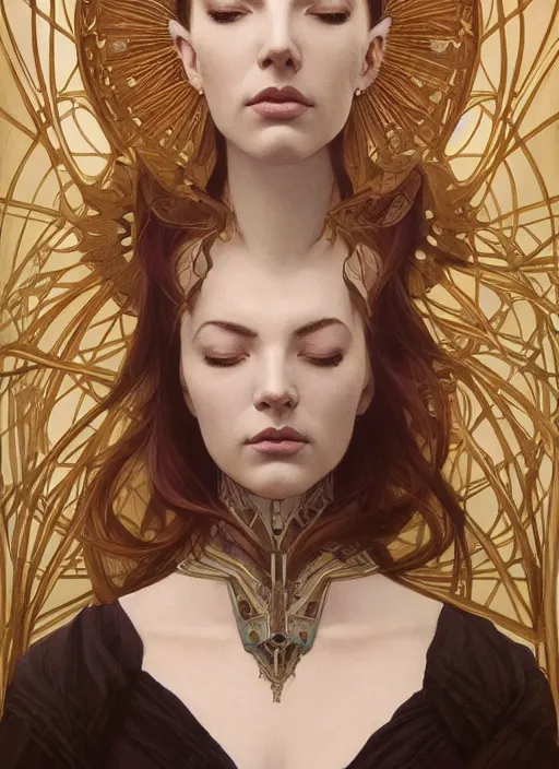 Image similar to symmetry!! chrysta bell, male, machine parts embedded into face, intricate, elegant, highly detailed, digital painting, artstation, concept art, smooth, sharp focus, illustration, art by artgerm and greg rutkowski and alphonse mucha, 8 k