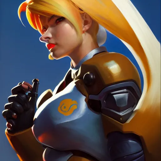 Image similar to Greg Manchess portrait painting of Samus Aran as Overwatch character, medium shot, asymmetrical, profile picture, Organic Painting, sunny day, Matte Painting, bold shapes, hard edges, street art, trending on artstation, by Huang Guangjian and Gil Elvgren and Sachin Teng