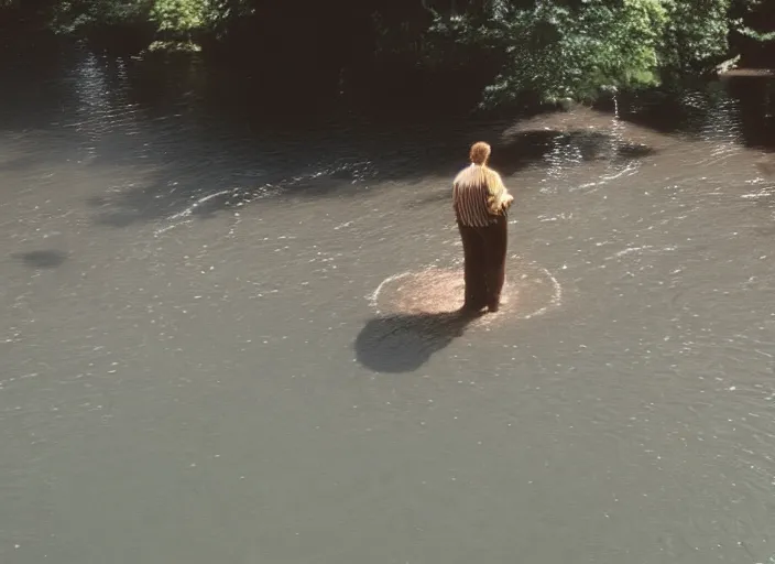 Prompt: grainy security cam footage still of Augustus Gloop in the chocolate river at Willy Wonka's Chocolate Factory, extreme wide angle