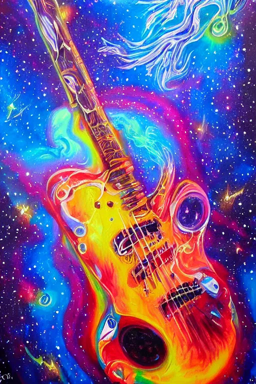 Image similar to beautiful detailed acrylic painting of a psychedelic and hardcore dave munstaine play music in the cosmos