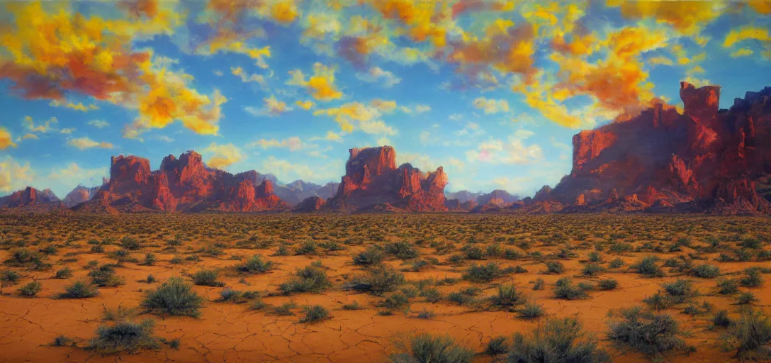 Prompt: Arizona desert, the passage of time, Oil Paint, Overdimensional, Beautiful Lighting, by Hayao Myazaki