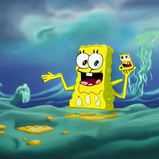 Image similar to A full body photo of the beautiful SpongeBob SquarePants made of cheese as a siren, he is looking straight to the camera, he has a glow coming from him, she is getting illuminated for rays of light that cross the sea, behind is a scary atmosphere of The Krusty Krab, the photo was taking by Annie Leibovitz, matte painting, oil painting, naturalism, 4k, 8k