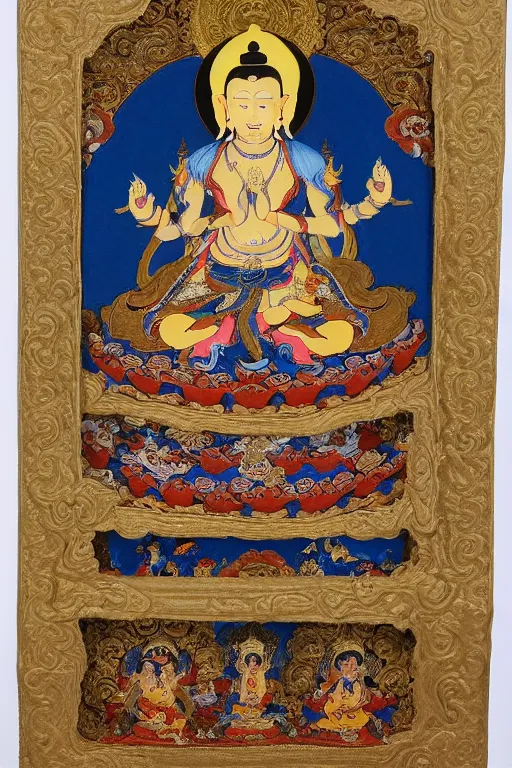 Image similar to a stunning intricate high-quality ornate ultradetailed Manjusri bodhisattva subdue demons, thangka arts, Tibetan, ca 12th century, Manjusri bodhisattva is shown seated on a lotus throne, with his right hand resting on his knee and his left hand holding a sword, Manjusri bodhisattva wears a crown and ample robes, and he has a serene expression on his face. The background is decorated with an intricate pattern of flowers and clouds, by wu daozi, zhang xuan, 64 megapixels, HDR, filmic, Octane, 8K resolution, ultrafine detail, ultrawide-angle lens, micro details, ray tracing,