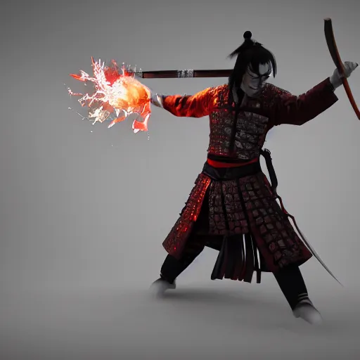 Image similar to japanese samurai disintegrating into crystals wielding a flaming katana, volumetric lighting, dynamic composition, hyper detailed, ultra realistic, sharp focus, octane render, concept art