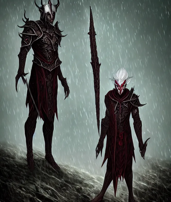 Prompt: A Dark Elf Dunmer named Divayth Fyr in Daedric armor with white hair and glowing red eyes travels in the rain through the Morrowind wilds, Hyper realism, glow, runes, magic, morrowind, Skywind, Oblivion, Skyrim, dark, gloomy, House Telvanni, grass, trees, swamp