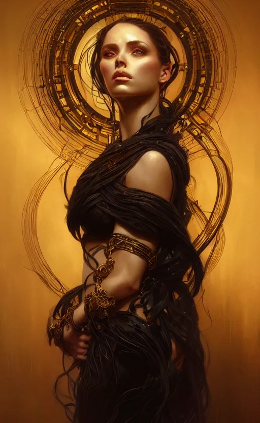 Prompt: portrait of a dark goddess, gold wires, visible veins, intricate, headshot, highly detailed, digital painting, artstation, concept art, sharp focus, cinematic lighting, illustration, art by artgerm and greg rutkowski, alphonse mucha, cgsociety