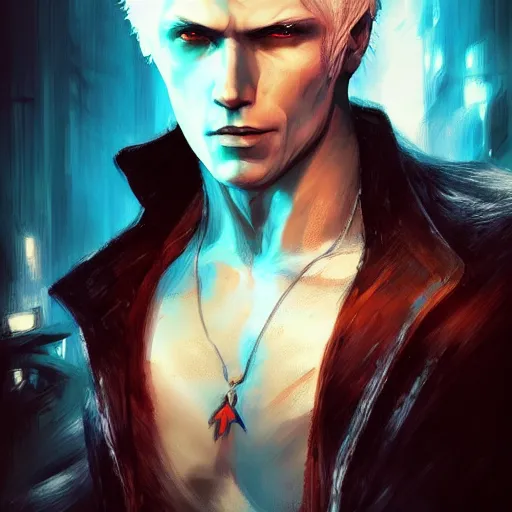 Prompt: portrait of a beautiful rendition of vergil, devil may cry, illustration, artistic, colorful, hyper detailed, in the style of greg rutkowski
