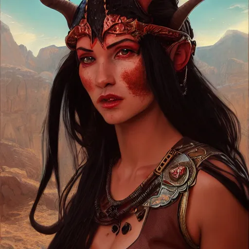 Prompt: portrait of a female berber tiefling with red skin, long straight goat horns and black hair wearing a steel chestplate in a desert, fantasy, highly detailed, digital painting, artstation, concept art, character art, art greg rutkowski and alphonse mucha
